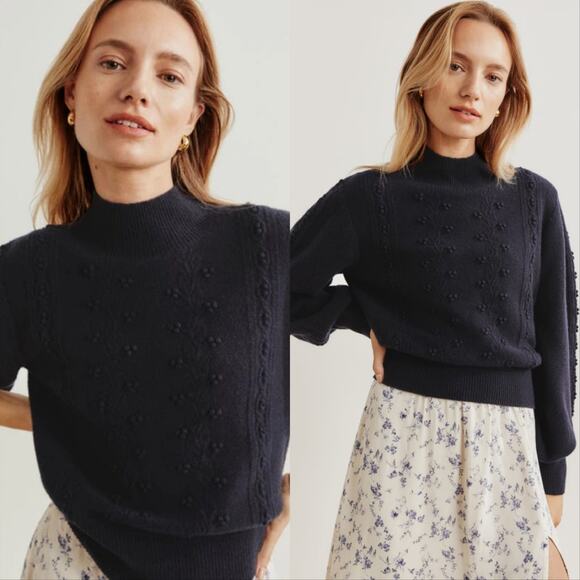 Reformation Sweaters - Reformation Sinclair Cable Knit Wool Sweater in Navy Blue.